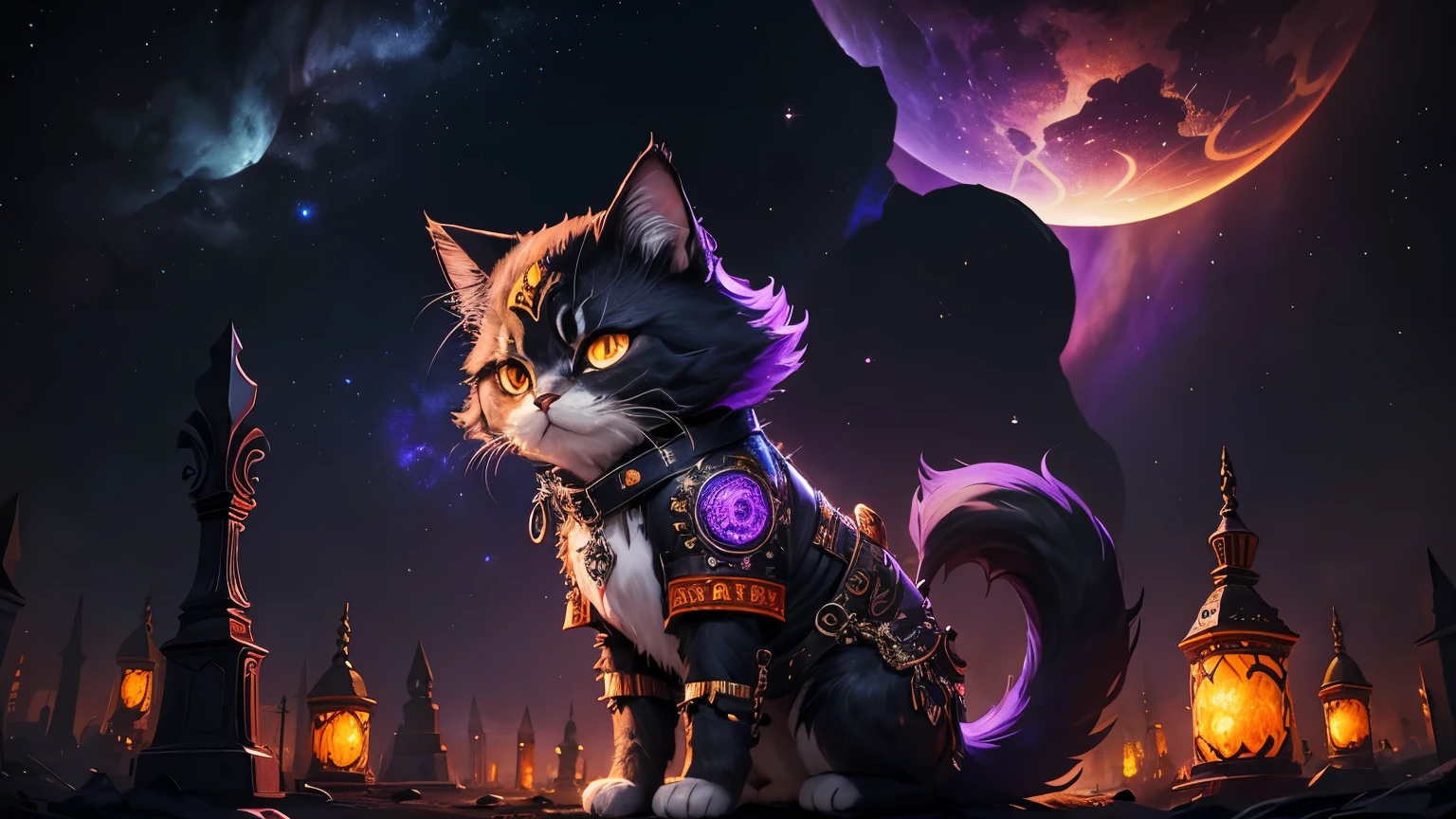 A fierce anthropomorphic Persian cat in a studded leather jacket adorned with intricate orange and purple designs, stands full-body in a steampunk pirate theme, surrounded by fireflies in a nighttime cemetery under a northern lights sky near a glowing moon.