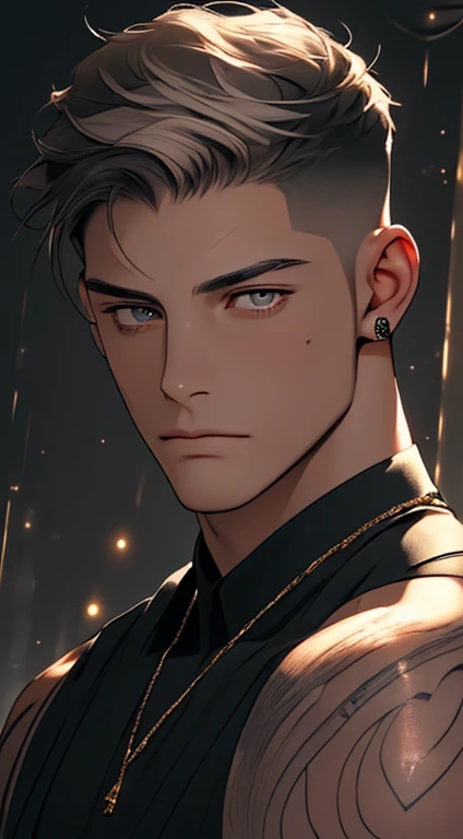 (((8K, RAW photos, Best quality, tmasterpiece: 1.4))), Ultra-high resolution, ultra - detailed, lamplight, Close-up cleavage, Handsome men, gold eyes, (Detailed eyes, The eyes are bright:1.2), Medium long red hair, pale-skinned, ear piercings, Dark, Blackn clothes, Meticulous clothes, gold accessories on clothes, (perfect anatomia:1.2), Highqualityshadow, natural lightting, (White highlights:1.2), natta, overcast day, (arm tattoos:1.2), (starrysky:1.2),Masterpiece, high quality, best quality, HD, realistic, perfect lighting, detailed body, 1 man, dark White hair , face expression, black military suit, in the cave,