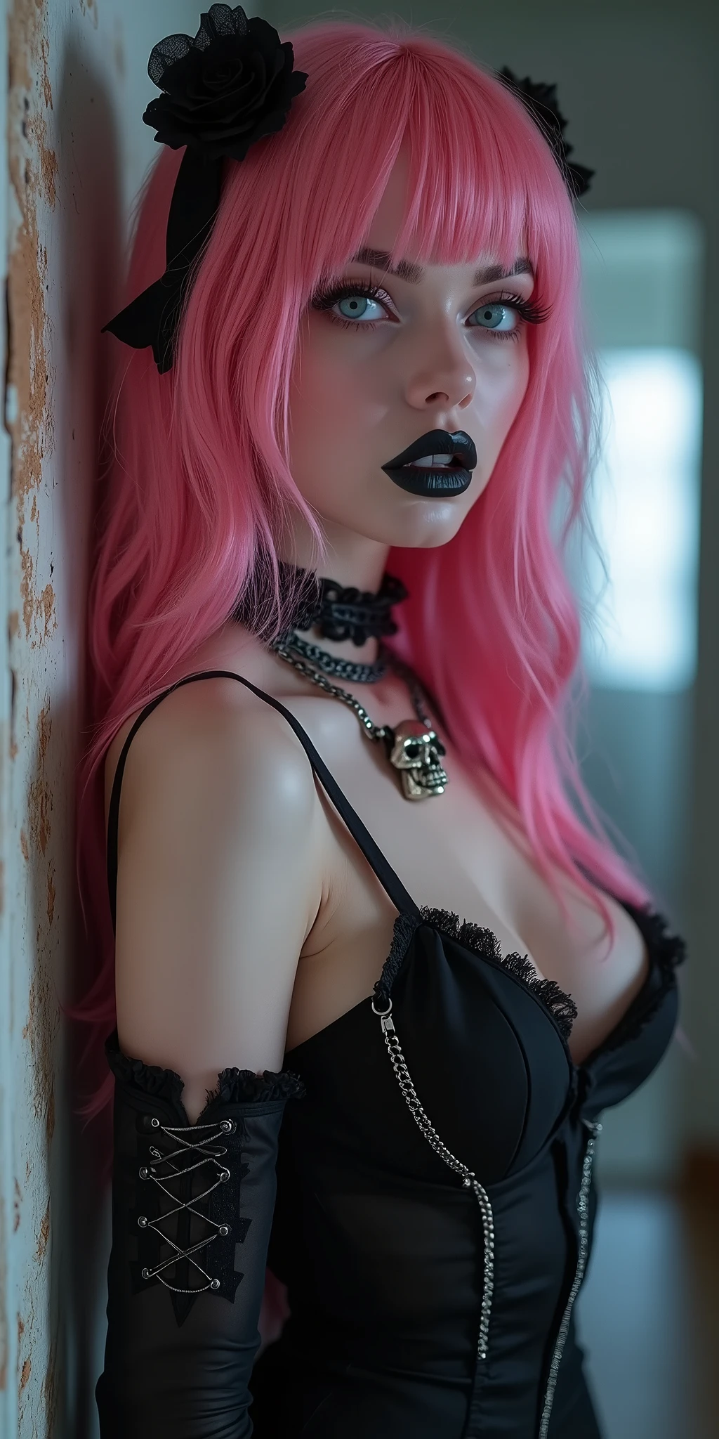 (best quality, ultra-detailed, photorealistic: 1.6), An cinematic photo an goth girl with bright and vibrant colors, studio lighting, romantic expression, with a delicate and beautiful face. Beautiful Teen gothic girl with her with long pink hair matches the gothic makeup, (Skinny anorexic body:1.9), long skinny legs, small tits, (flat chested), her ice blue eyes and mischievous black parted lips, with small seductive breasts, cleavage, Punk-style Gothic dark pink hair, voluminous breasts, skull necklace, Big beautiful eyes, bright ice white eyes, sparkeling white blue eyes, dark goth make up, super long eye lashes , goth. She have a horny face, Pink red Lipstic. like a manwha character, chain details,, walking in leaning pose in the apartment hallway, seductive cleavage, photorealitic, fully body, like a manwha character