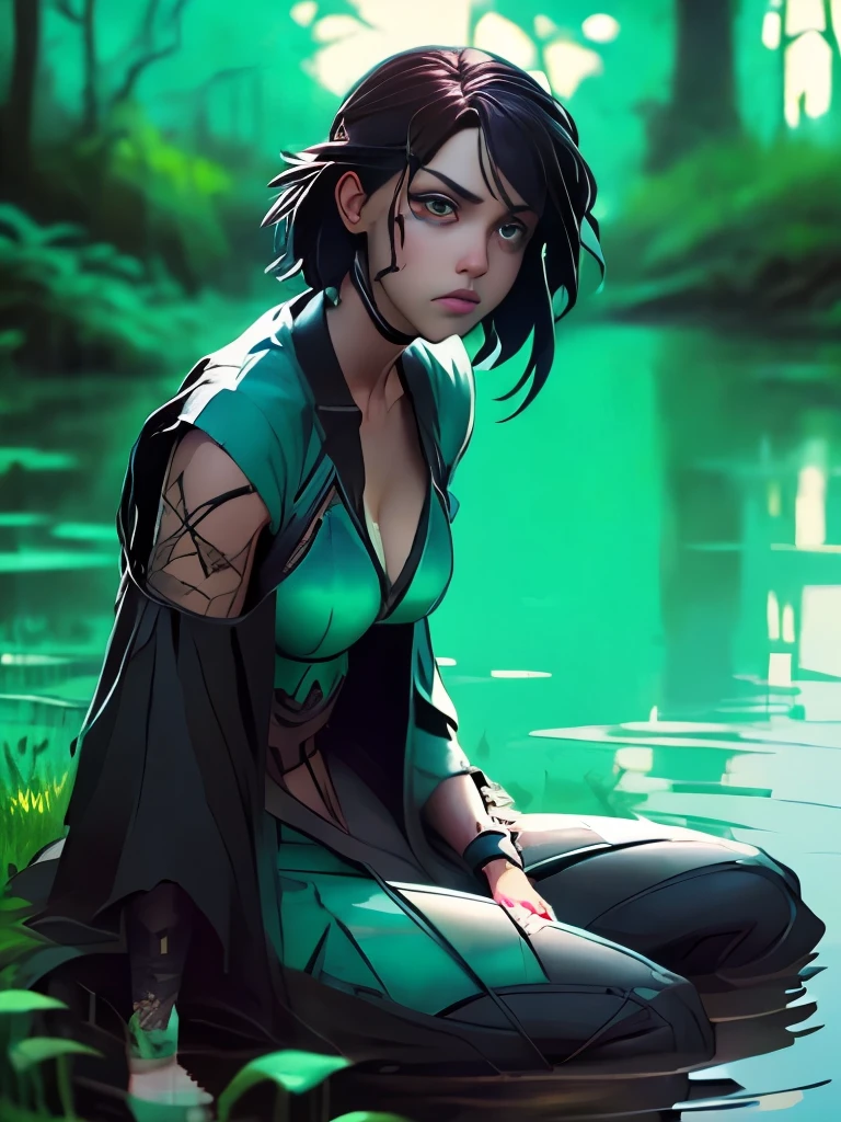 arafed woman sitting in the grass by a body of water, cyberpunk art by loish, tumblr, conceptual art, overgrowth. by makoto shinkai, with haunted eyes and dark hair, jeffrey jones, hauntingly beautiful art, eerie art style, ( ( ( horror art ) ) ), eerie and grim art style, dark illustration