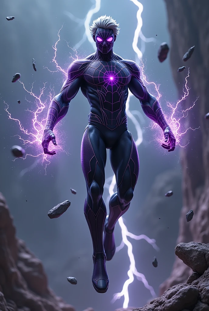 magneto merged with spiderman, levitating mid air, magnetic powers, lightening, black and purple suit, strong magnetic field, grey hair, purple eyes, metal objects floating around, 