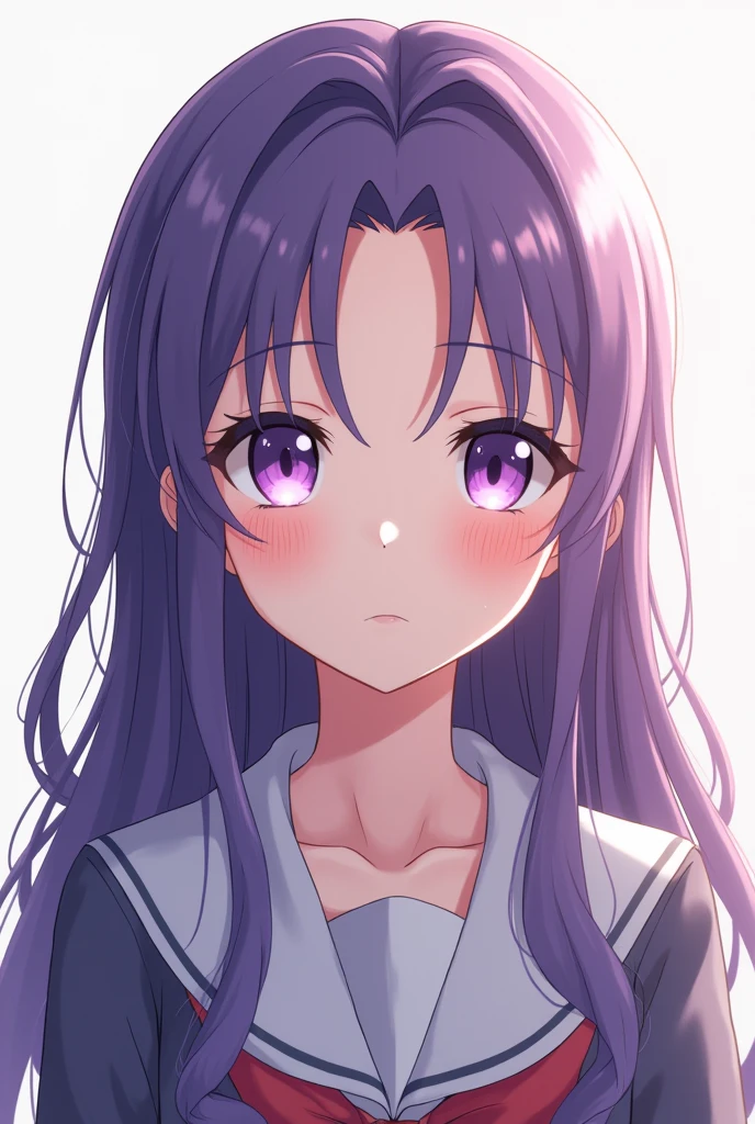 anime girl, long wavy purple hair, long, open bangs on the sides, deep purple eyes with school uniform
