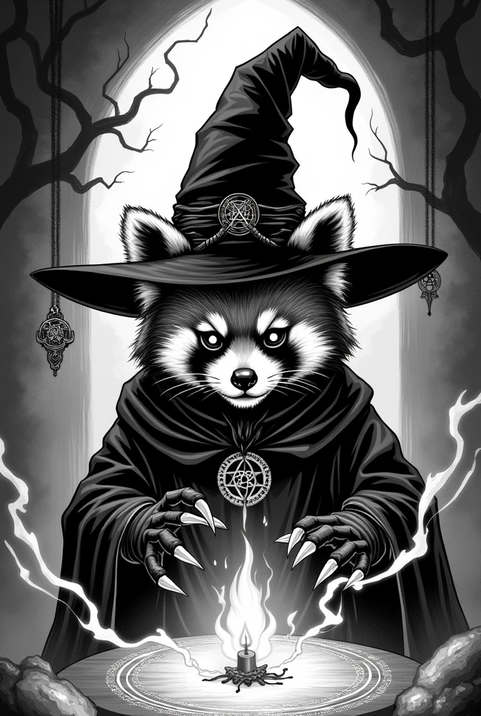 Make a black and white illustration, of a red panda, dressed in a witch hat, doing an occult ritual, no estilo Black work, add elements of horror and fantasy