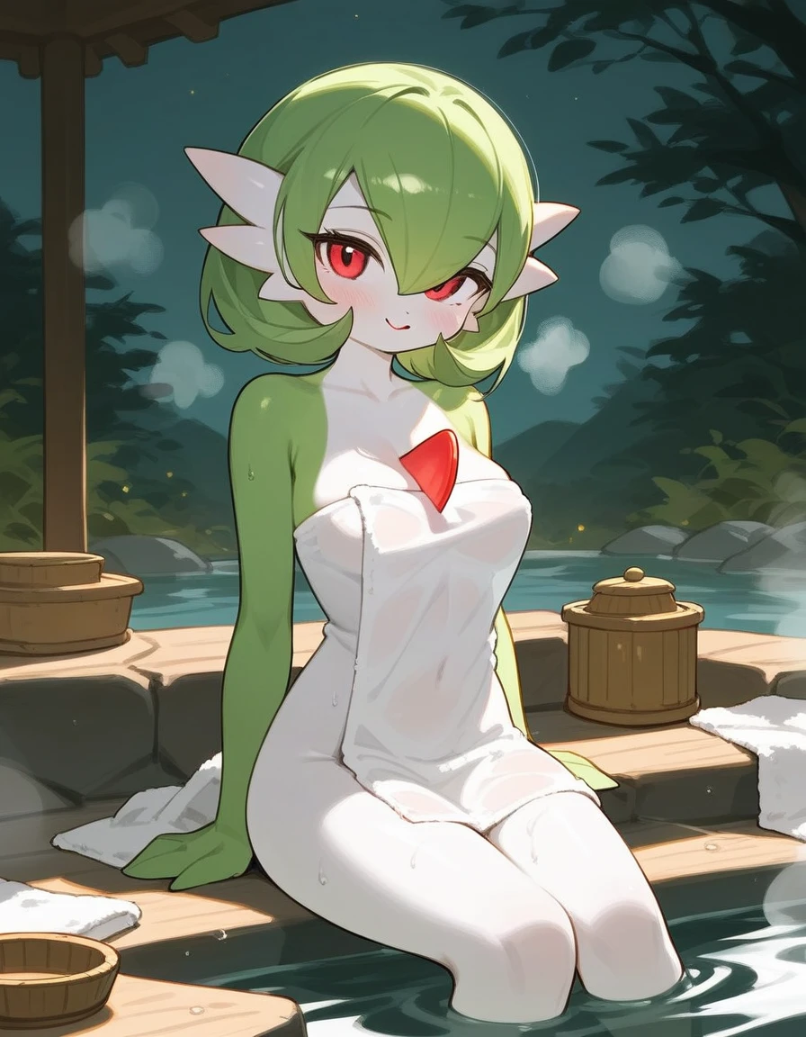 alone, score_9,score_8_up,score_7_up, anthro female gardevoir, hot spring, steam, wrapped in towel, sitting, water, night atmosphere, cute.