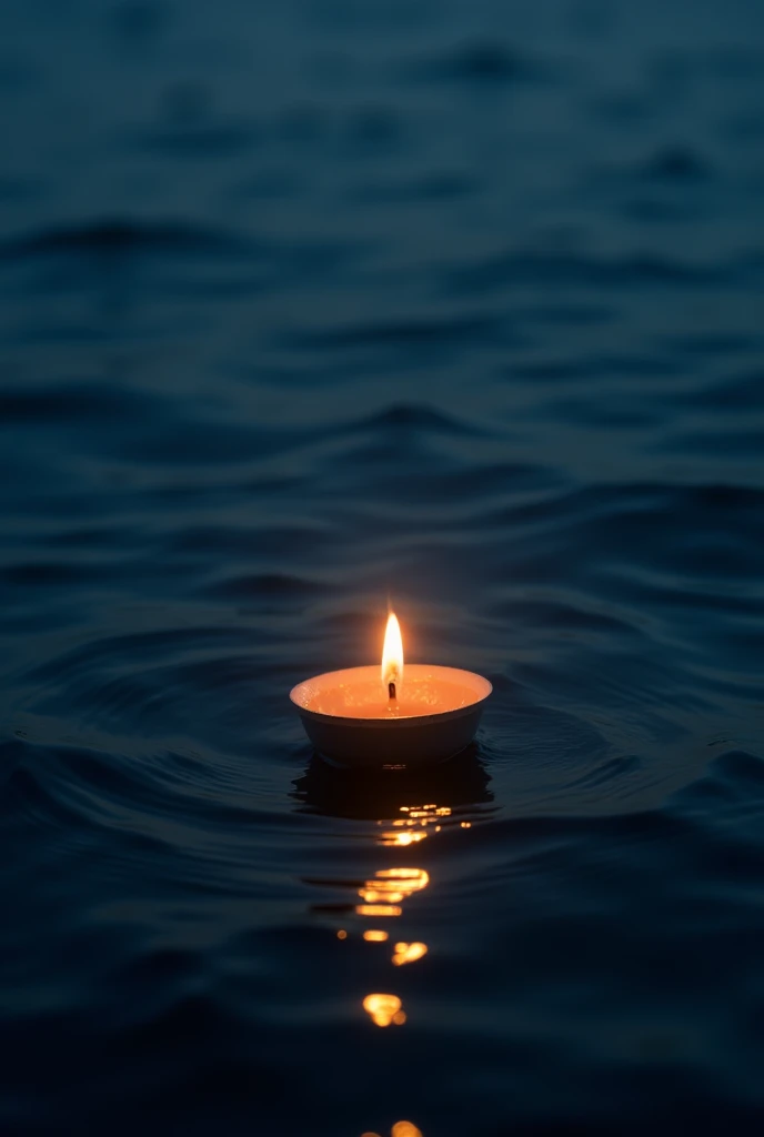 A fiery candle burning on the sea, at night, its flames reflected in the water. The image captures the mesmerizing sight of a lone candle flickering amidst the darkness of the ocean. With a perfect blend of light and shadow, the painterly scene evokes a sense of tranquility and mystery. The candle's warm glow creates a dreamlike atmosphere, illuminated by the cool, shimmering waves. This high-quality photograph immerses viewers in a moment of peaceful contemplation by the tranquil waters.