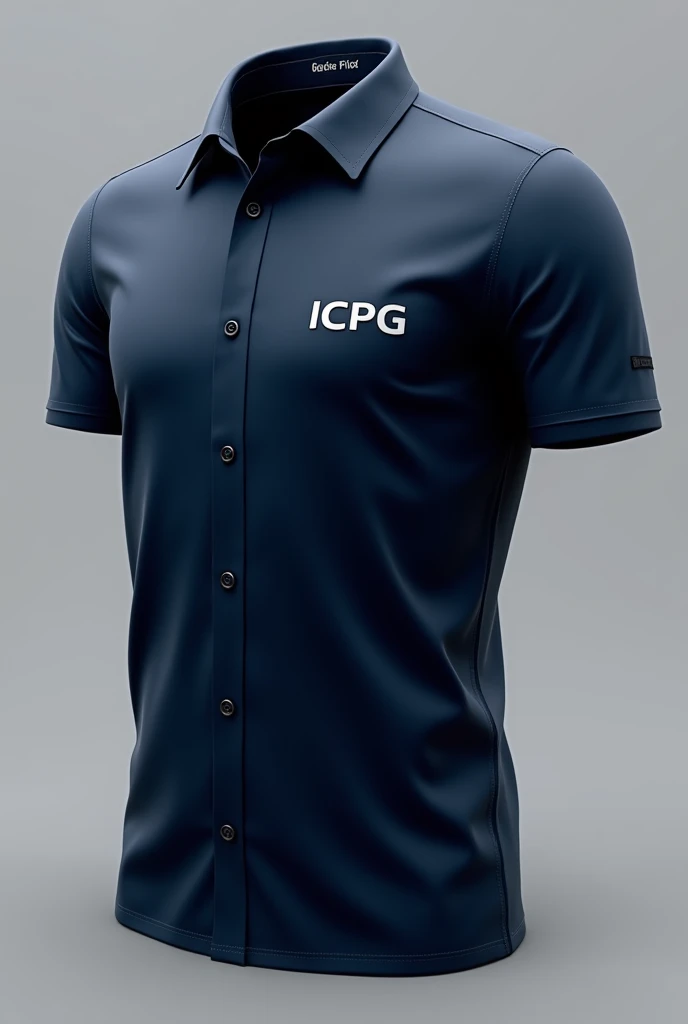Company uniform shirts are collared shirts made of good quality fabrics. They are designed on both the front and back, with the word ICPG on the front. The shirt is a very dark blue color, contrasting with gray. It is beautiful and modern. The shirt has no buttons. The back of the shirt has a 100-year infinity symbol. The fabric is good, modern, and popular.
