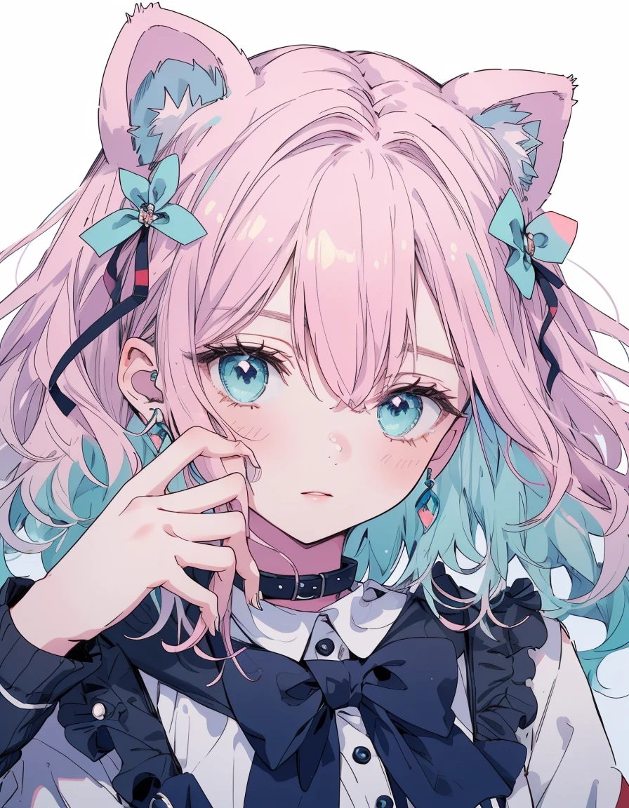 Pink Hair,Medium Wavy Hair, dress,Bear ears , ((masterpiece, Highest quality:1.5)), ((Beautiful and detailed cat aqua eyes:1.2)), Bear ears, Pale skin, Mid-chest, Cute Face,young,Beautiful Hands, Beautiful fingers, Easily denied