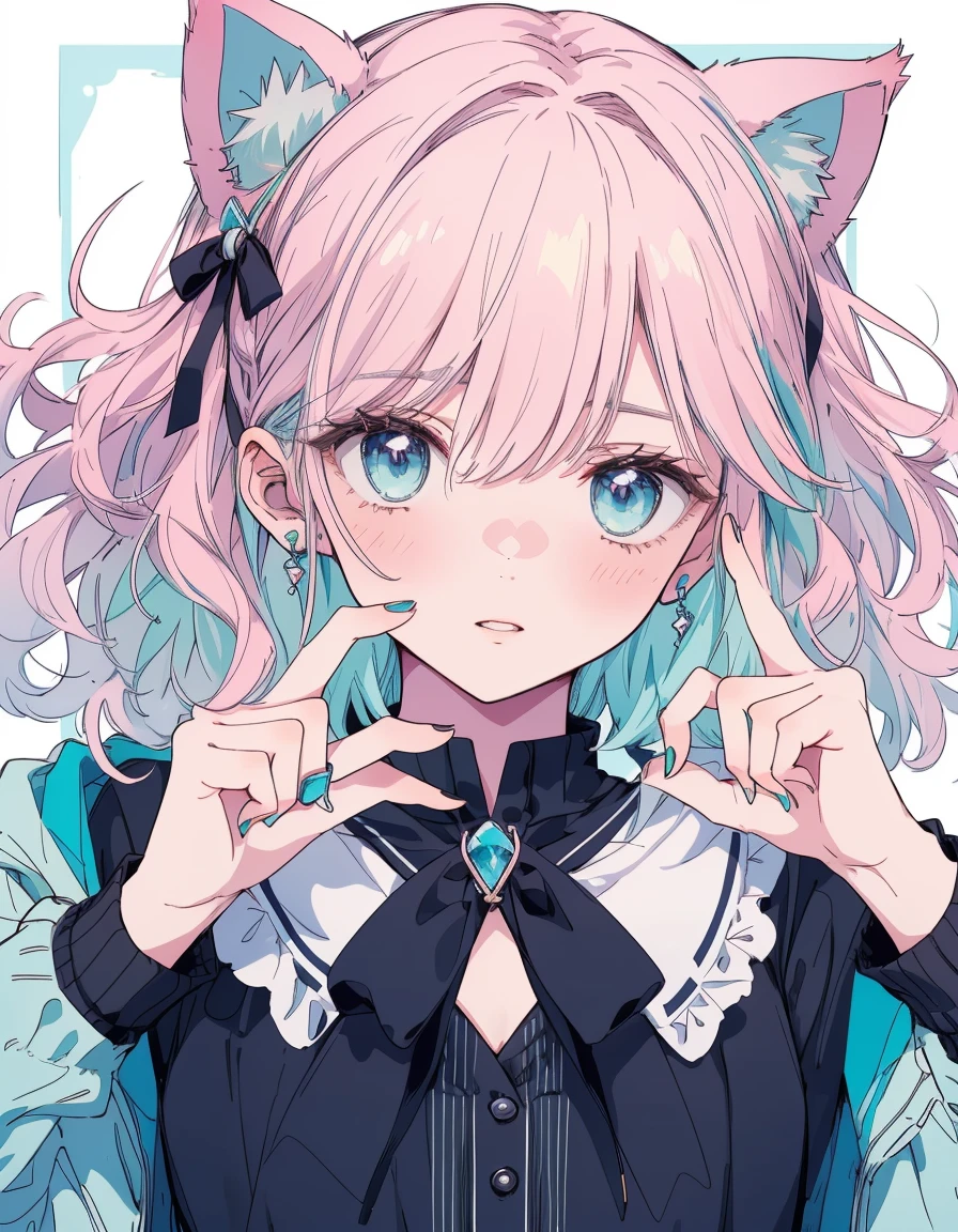 Pink Hair,Medium Wavy Hair, dress,Bear ears , ((masterpiece, Highest quality:1.5)), ((Beautiful and detailed cat aqua eyes:1.2)), Bear ears, Pale skin, Mid-chest, Cute Face,young,Beautiful Hands, Beautiful fingers, Easily denied