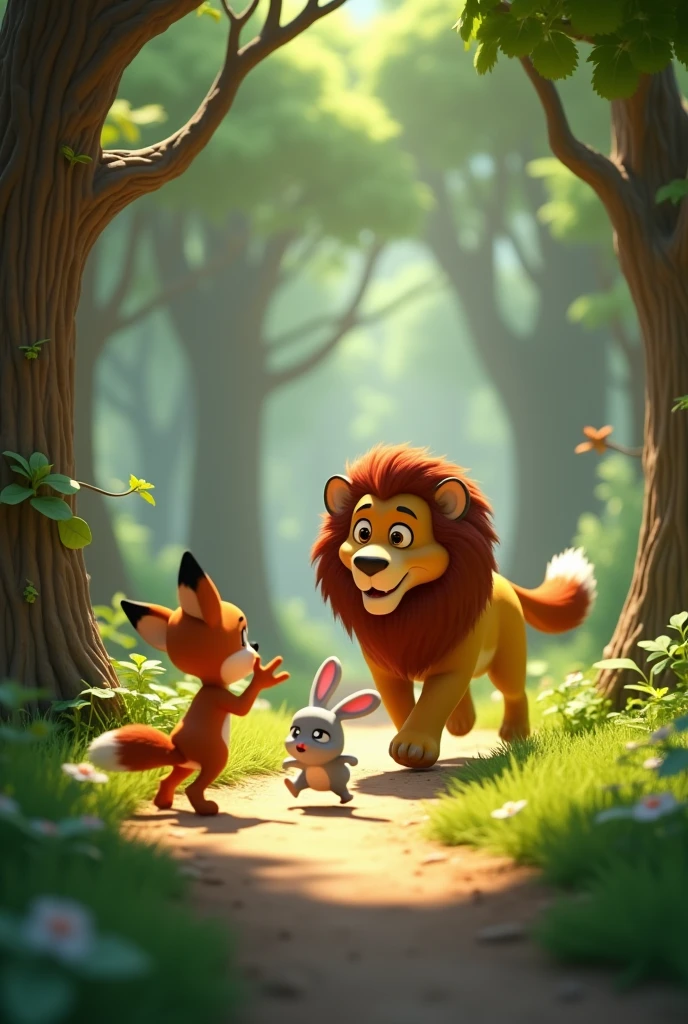 In 3d animation style’
	3.	The Fox’s Distraction: The fox cleverly distracts the lion by pointing towards the trees, showing something that captures the lion’s attention. The rabbit is seen dashing ahead on the path, taking advantage of the distraction.