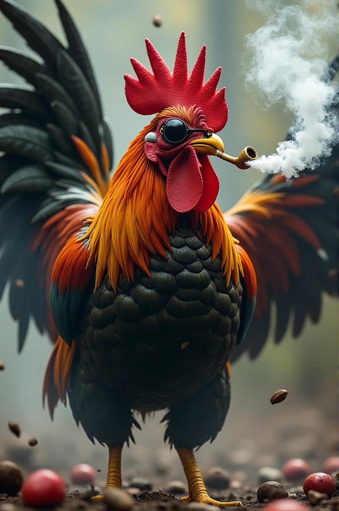 A rooster with tactile, razor-sharp wings in a fighting pose, with ninja adornments, an eye patch and a golden spike, smoking an oriental pipe, surrounded by smoke, of smoke bombs 
