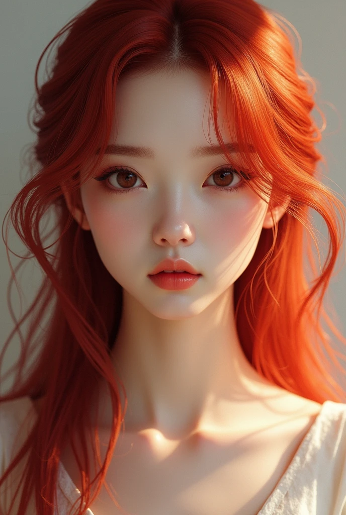 A realistic Chinese girl with red hair More realistic than a drawing