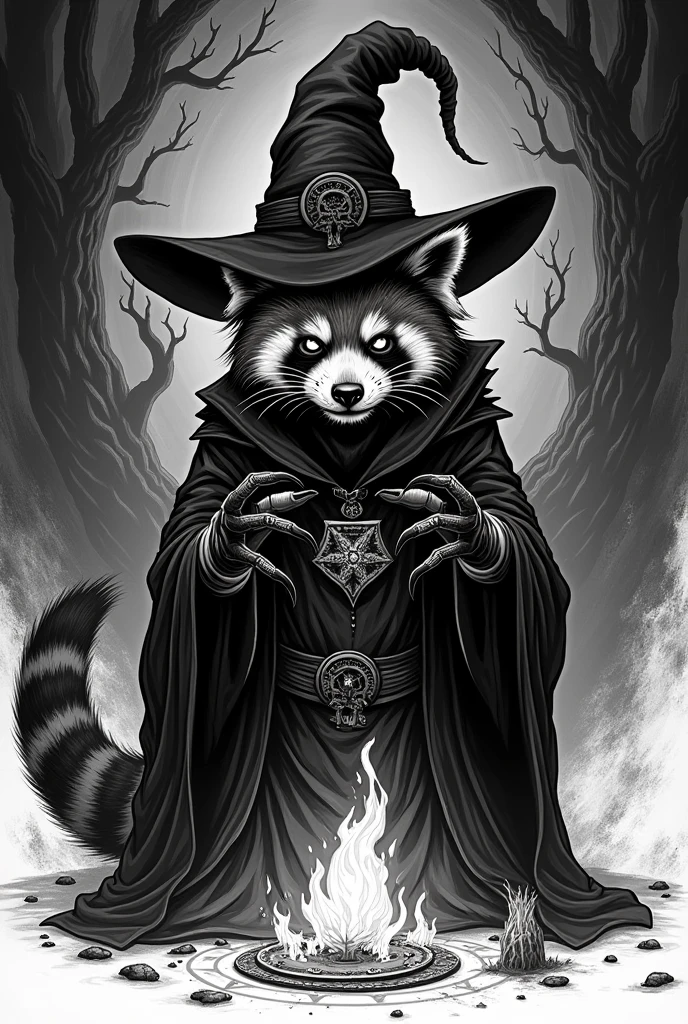 Make a black and white illustration, of a red panda, dressed in a witch hat, doing an occult ritual, no estilo Black work, add elements of horror and fantasy 
