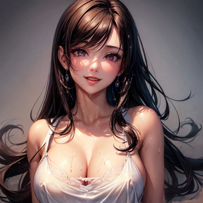 (Highest quality, masterpiece: 1.3), : 1, sexy: 1.5, Tifa Lockhart (Wet body: 1.2), Nightgown, beautiful, Cleavage, Ultra detailed face, Detailed lips, Detailed eyes, double eyelid, sexy, smile, attractive vagina A penis grows out of the vagina Having sex