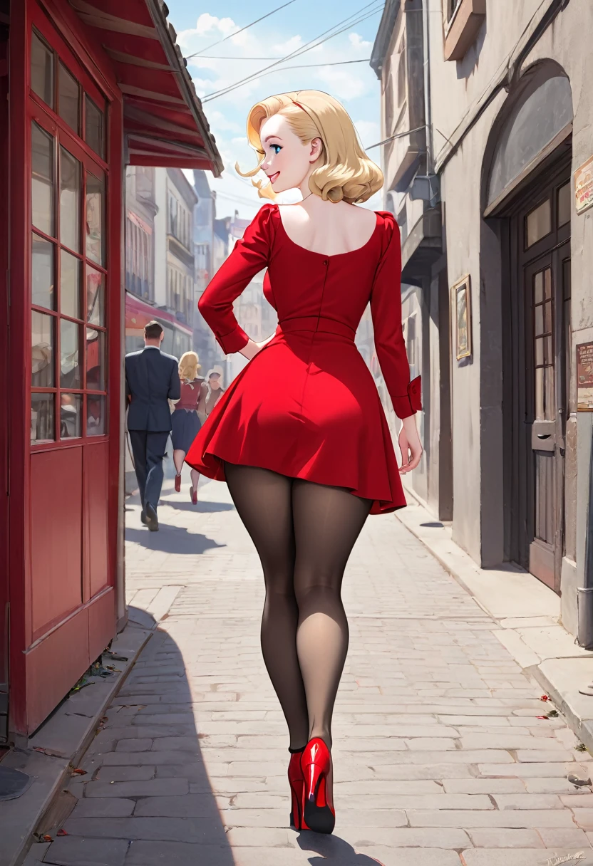 masterpiece, small head,1940s hairstyle, stunning blonde woman with pale skin, blue eyes, smilling face, wearing red dress, pantyhose,red stilettos ,thick legs , big ass. She is walking