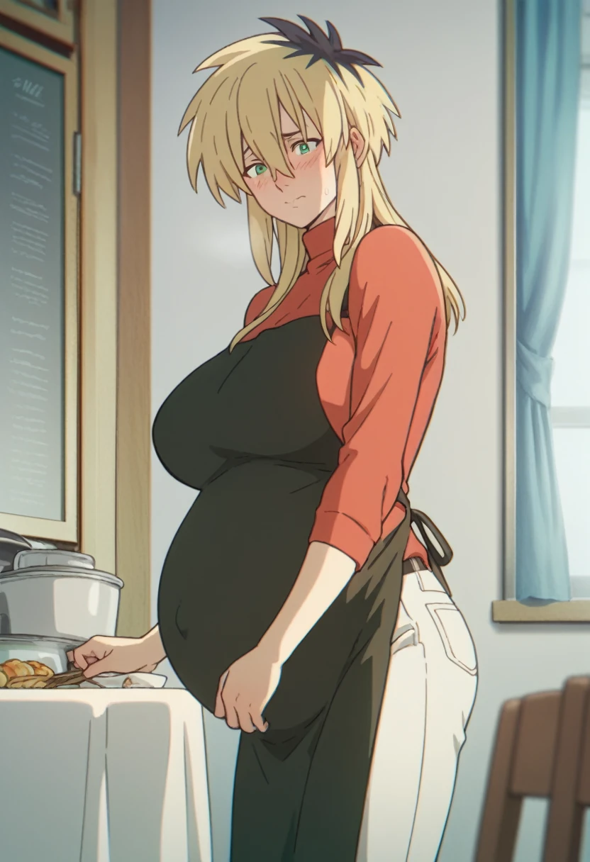 Huge breasts、Long chest、blush、Sweat、In the heat、Miyako Ishida, Long Hair, bangs, Blonde, Black Hair, Hair between the eyes, Green Eyes, Multicolored Hair, Two-tone hair,
apron, sweater, turtleneck, red sweater, black apron, pants, denim,Trouble, Embarrassed face、Eyes half closed、Are standing、Bedroom、
{Highest quality}, {so beautiful}, {Very detailed}, {Best illustrations},Pregnant women、Huge pregnant belly:1.5、From the side