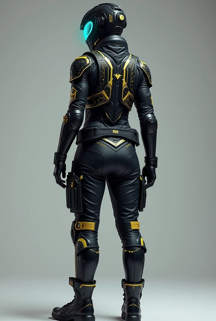 Headgear: A sleek, high-tech visor with a glowing neon blue trim.
Top: A futuristic armored jacket with digital patterns, incorporating both metallic gold accents and dark, reflective materials for a high-tech look.
Bottoms: Tactical pants with multiple utility pockets and gold accents that complement the jacket.
Footwear: Combat boots with reinforced plating and neon blue highlights. back full body view