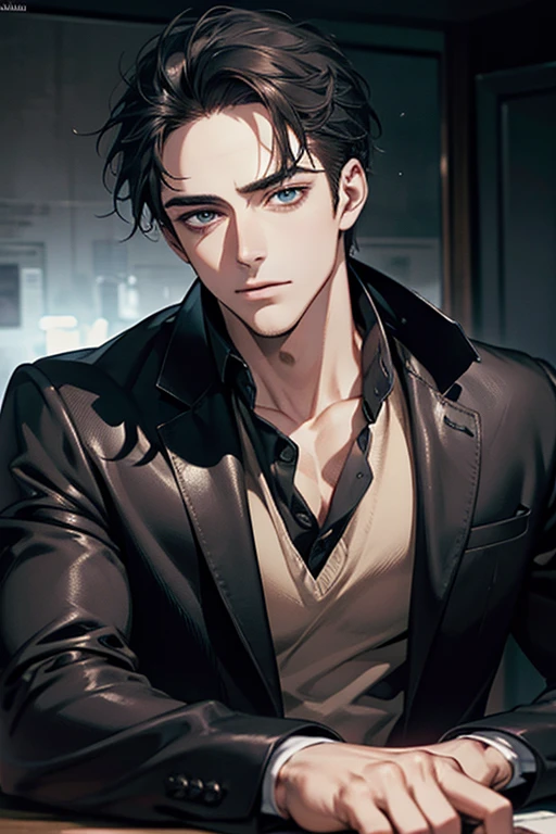 (Best Quality,4k,8k,high resolution,Masterpiece:1.2),ultra detailed,(realist,photorealist,photo-realist:1.37),1 man,31 years,mature man,muscular,square jaw,very handsome,without expresion,short gray black hair,hairstyle,Blue eyes,glare,perfect face without mistakes,imposing posture,collar jacket,leather jacket,dark background,cinematic lighting,imagen HDR