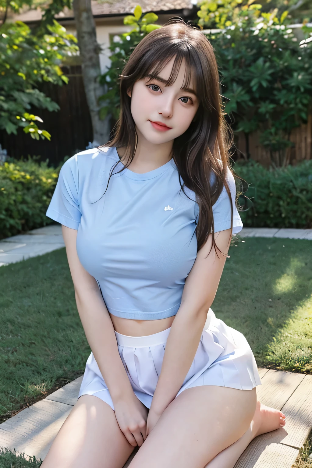 Gorgeus Girl, Beautiful, Baby Face, 1, Cute Face, White Skin, Beside, Sexy Pose, t-shirt, Blue Eye, Bokeh, front yard of the house Background, Masterpiece, Fullbody Shot,mini skirt, naked, Large Breasts:1.2, Sitting,