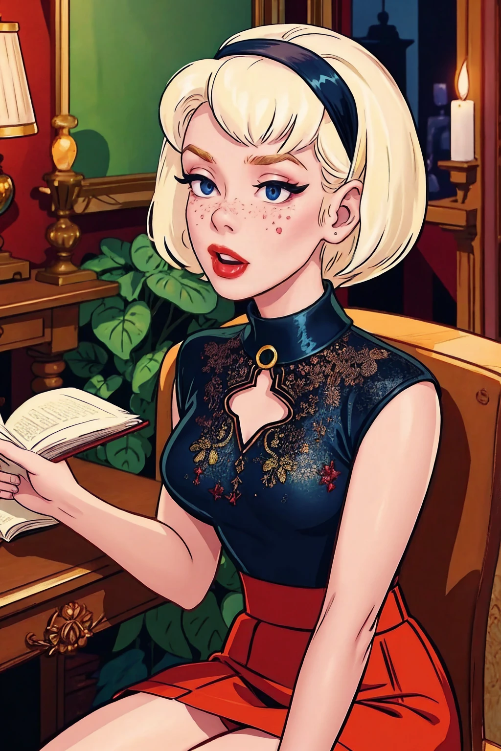 { masterpiece : best quality : high resolution : unity 8k wallpaper : illustration : beautiful detailed eyes : extremely detailed face : perfect lighting : extremely detailed CG }  { in a dark creepy library  } { Sabrina Spellman : : platinum blonde hair with red hairband : perfectly small shape breast : freckles : perfectly fit body :red turtleneck shirt : red skirt : studying : sitting at a study table }