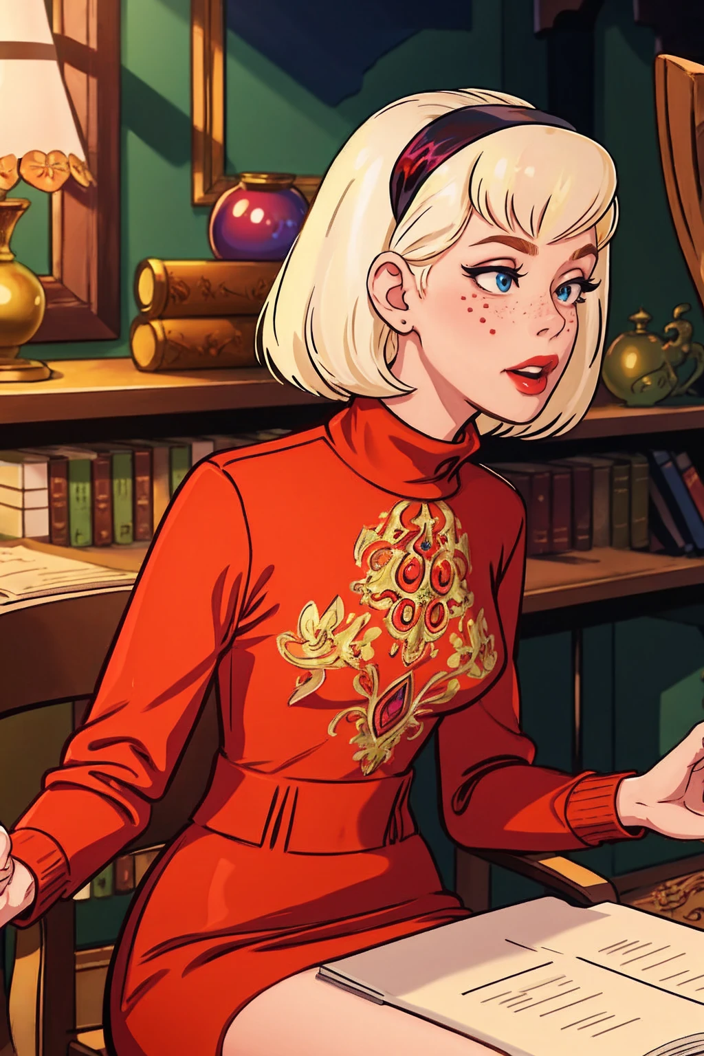 { masterpiece : best quality : high resolution : unity 8k wallpaper : illustration : beautiful detailed eyes : extremely detailed face : perfect lighting : extremely detailed CG }  { in a dark creepy library  } { Sabrina Spellman : : platinum blonde hair with red hairband : perfectly small shape breast : freckles : perfectly fit body :red turtleneck shirt : red skirt : studying : sitting at a study table }