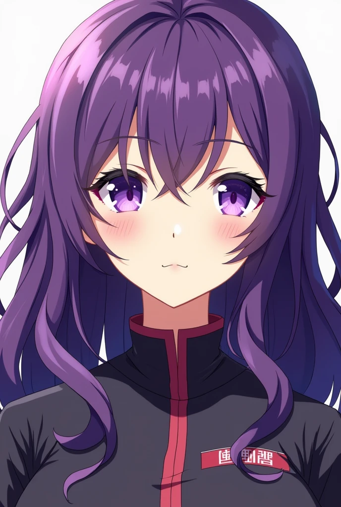 anime girl, long wavy purple hair, long, open bangs on the sides, Deep purple eyes with Tokyo Revengers uniform