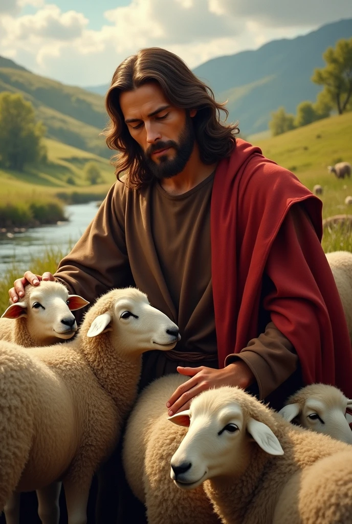 create image of jesus, the Good Shepherd, wearing a rustic dark brown tunic and a red cloak.
