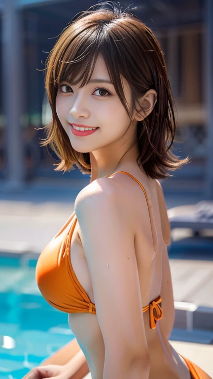 By the pool,Wet swimsuit,swimsuit slip,bikini,Wet Skin,Wet Face,(Shiny light brown and orange two-tone wavy short hair),(Wet and messy hair),Cute round face red lipstick,A cute smile that makes the viewer happy,Big ample breasts,Bold sexy pose,Digital Illustration,(Natural soft light),(sunlight),(Professional Lighting),(Realistic:1.3),(RAW Photos.),(Highest quality,Ultra-high resolution output images,) (8K quality,),(Picture Mode Ultra HD),(Shinkai Makoto style:1.3),