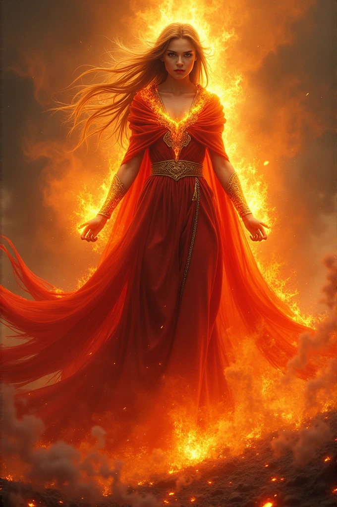 goddess wearing a flaming coat