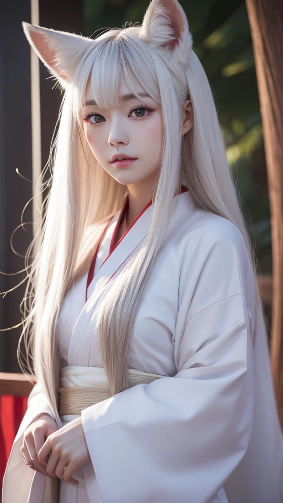 White Demon Fox、Nine-tailed Fox、Japanese women、kimono、Fair skin、Red lines on face、8K、I have long hair