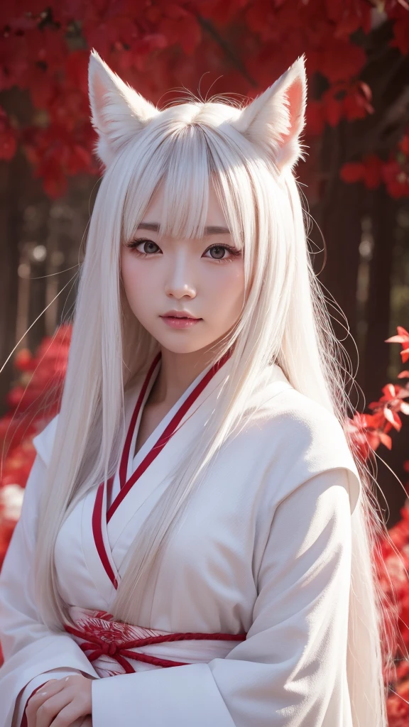 White Demon Fox、Nine-tailed Fox、Japanese women、kimono、Fair skin、Red lines on face、8K、I have long hair