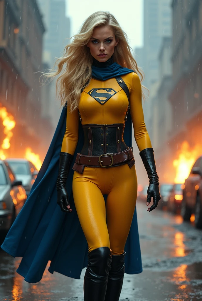 A beautiful woman with long blonde hair wearing a yellow jumpsuit with an S as an emblem on her suit, blue cape, black boots and gloves, long boots up to her knees, gym belt in an apocalyptic rainy city, cars and buildings on fire, magic in her hands, black corset over her jumpsuit on her knees, screaming exhausted after an extensive battle, brown harness over her chest, thick straps matching her jumpsuit, magic in her hands, Marvel's Sentry the Watchman
