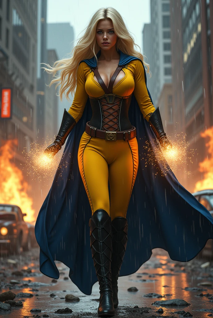 A beautiful woman with long blonde hair wearing a yellow jumpsuit with an S as an emblem on her suit, blue cape, black boots and gloves, long boots up to her knees, gym belt in an apocalyptic rainy city, cars and buildings on fire, magic in her hands, black corset over her jumpsuit on her knees, screaming exhausted after an extensive battle, brown harness over her chest, thick straps matching her jumpsuit, magic in her hands, Marvel&#39;s Sentry the Watchman 
