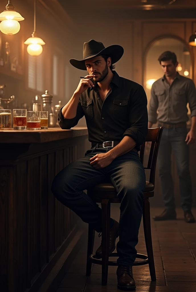 A handsome cowboy man sitting in a bar in black clothes and a cigarette in his hand while serving him drinks