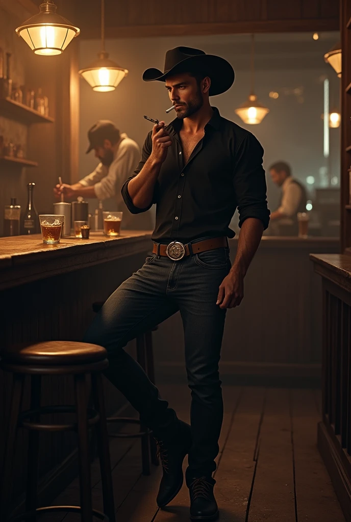 A handsome cowboy man sitting in a bar in black clothes and a cigarette in his hand while serving him drinks