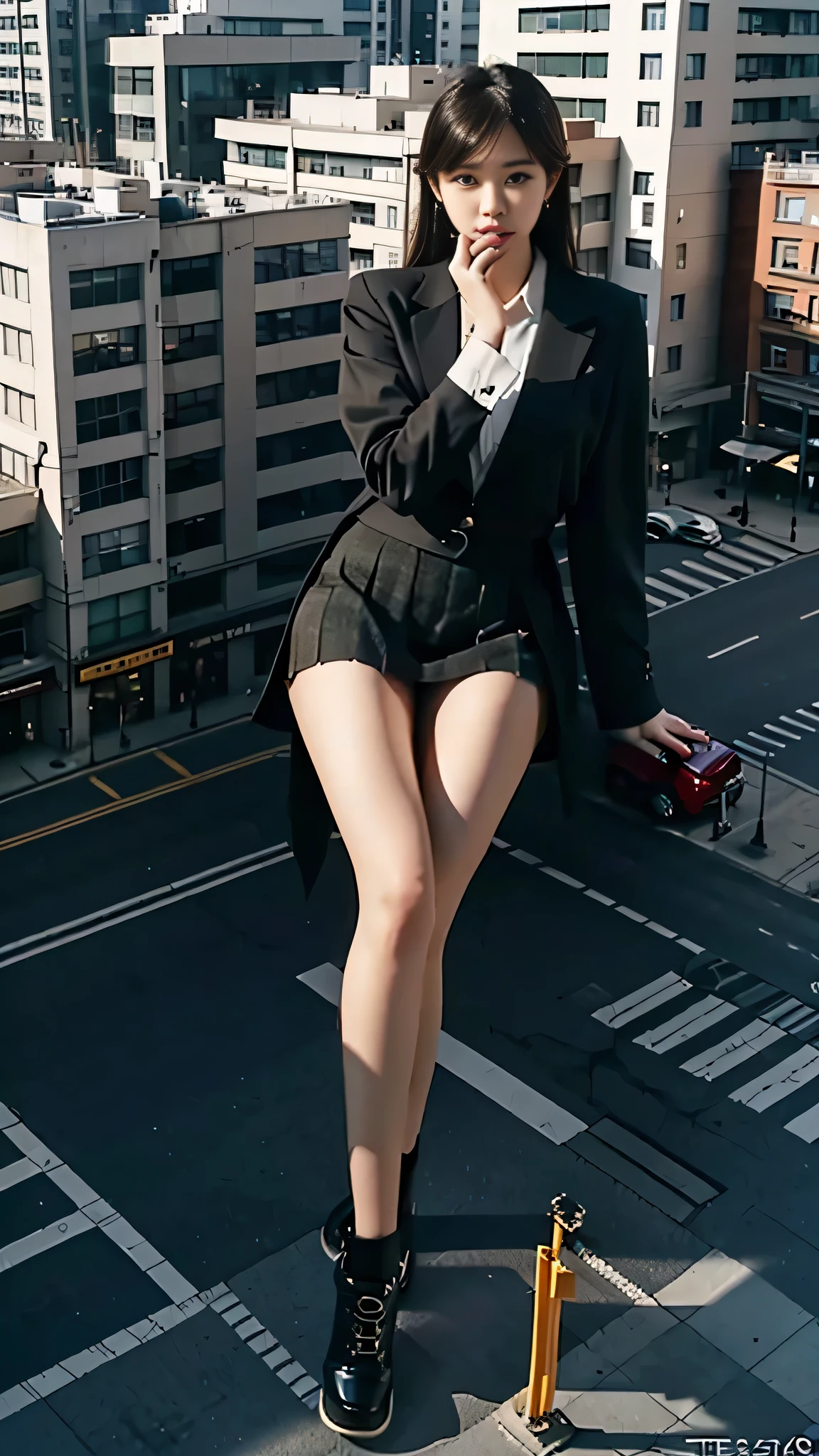 Short white hair, white under lingerie，white stockings, huge tit，Bare belly，Bare neck up and down，In the middle of the city，full bodyesbian，long leges，Barefoot，More realistic