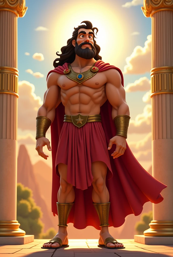 Create a Pixar-style cartoon of a Greek god