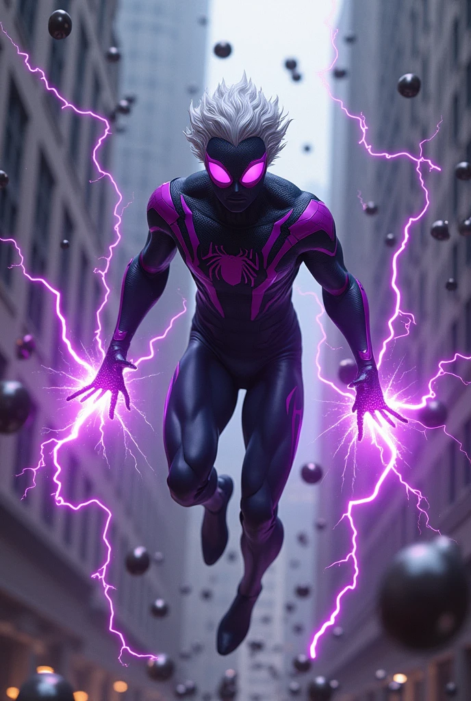 magneto merged with spiderman, levitating mid air, magnetic powers, lightening, black and purple suit, strong magnetic field, grey hair, purple eyes, metal objects floating around, shooting metalic web