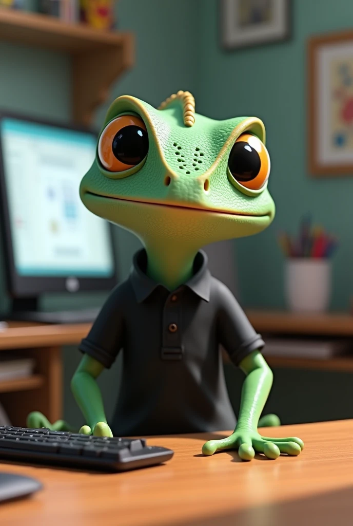 Small animated 3d chameleon, with black polo in front of the computer