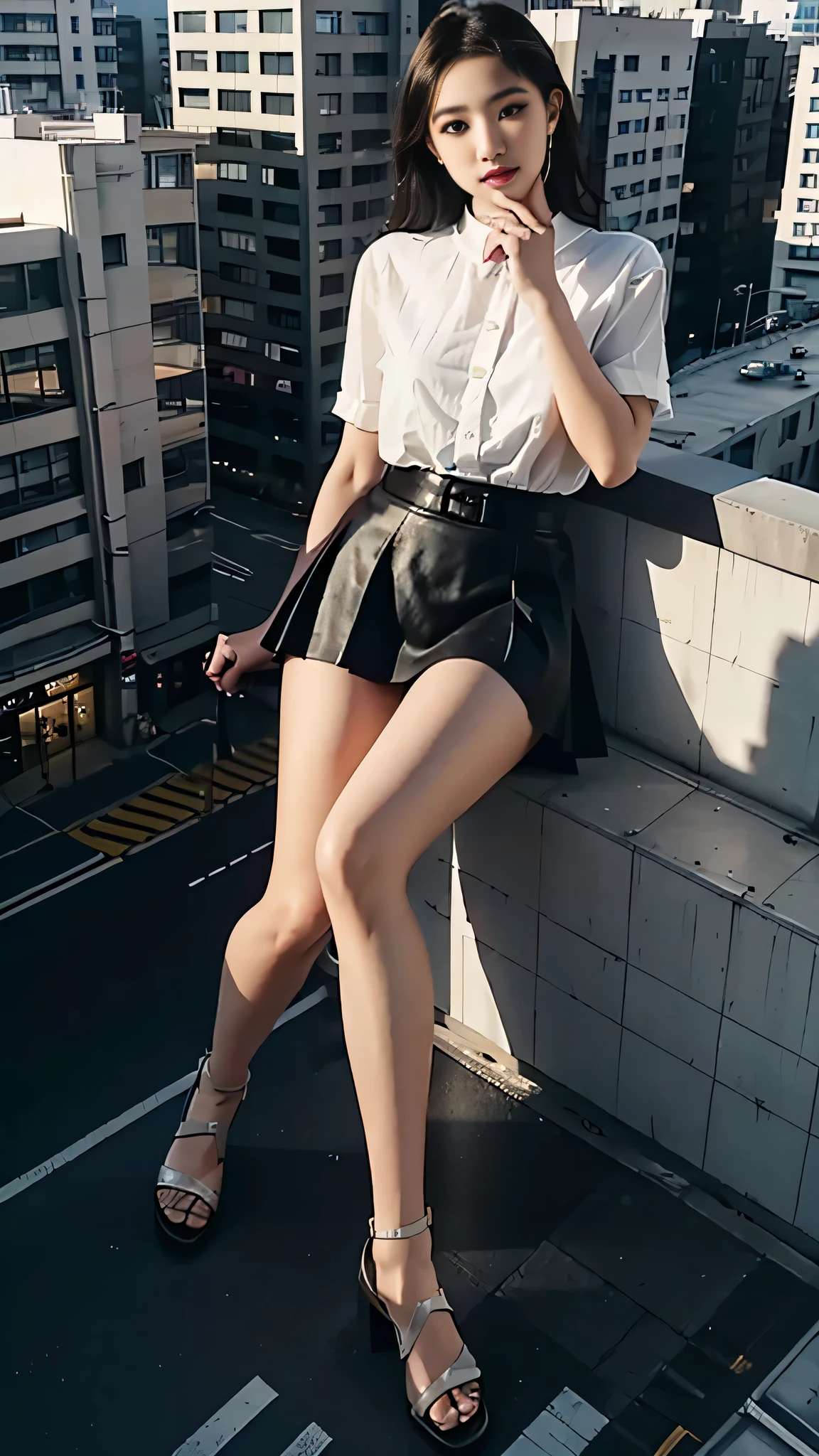 Mini Gearness,Full body photo,In the city,Short skirt outfit,Height 100 meters,Big  bigger than her face,(length:1.2),Very tall Japanese,Beautiful appearance,Exquisite makeup,Perfect lighting ,Movie quality,8k,high quality, (GTS:1.5),One foot on the roof,One foot on the building,aerial photograph, Sitting on the roof