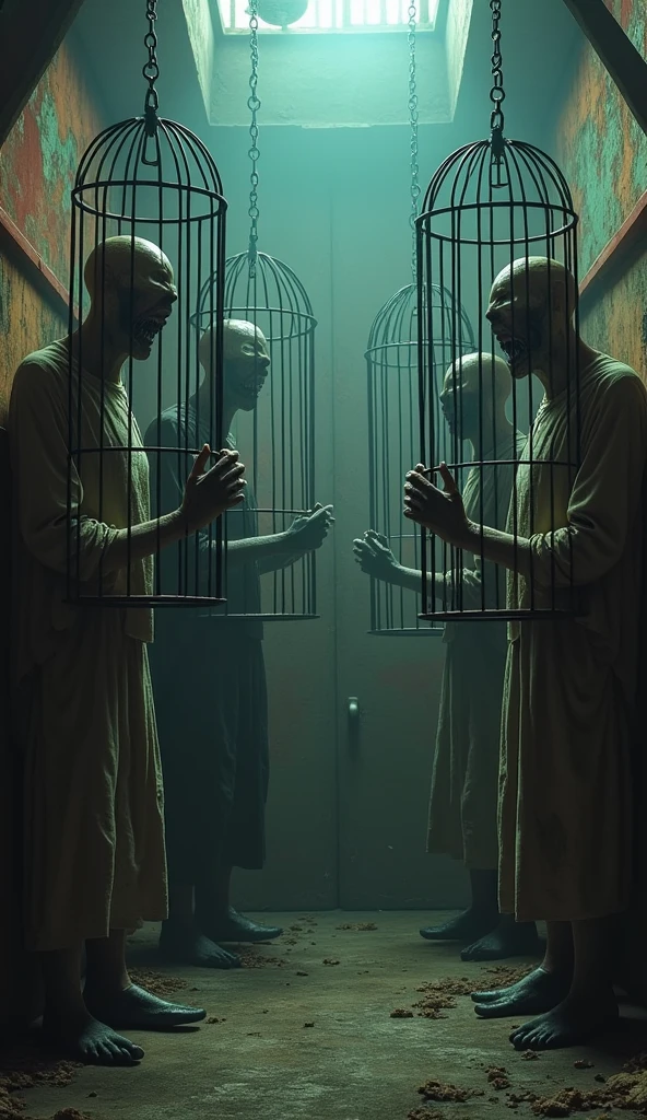 Best quality, masterpiece, circus interior background, human-shaped creatures locked in iron cages, wearing shabby clothes, detailed image texture, grotesque, horror, creepy atmosphere (not AI image), foggy, cloudy weather, colorful lighting