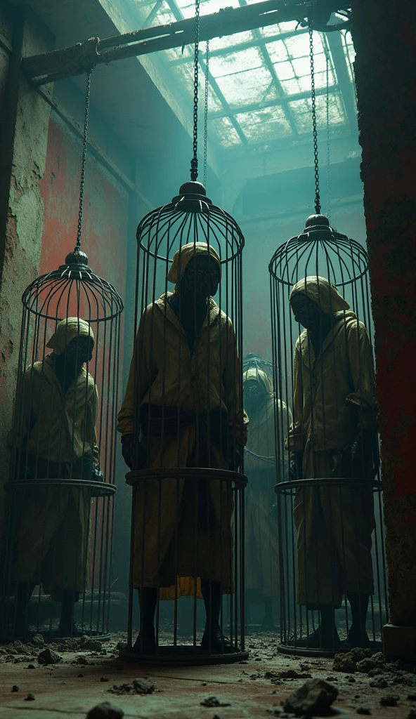 Best quality, masterpiece, circus interior background, human-shaped creatures locked in iron cages, wearing shabby clothes, detailed image texture, grotesque, horror, creepy atmosphere (not AI image), foggy, cloudy weather, colorful lighting