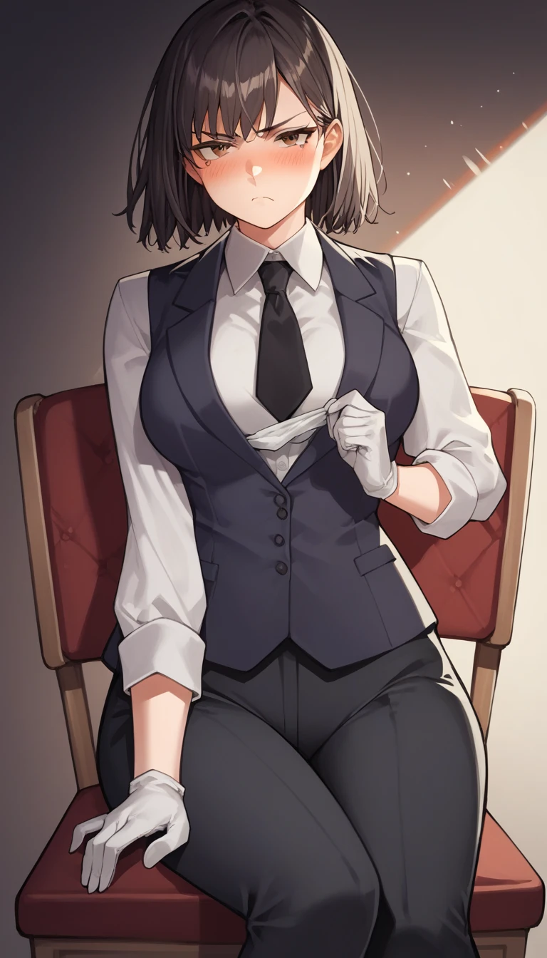 score_9, score_8_up, score_7_up, source_anime, 1girl, brown eyes, room, wariza, medium hair, black hair, blush, looking_at_viewer, Frowning face, serious face, looking away, blazer, starshadowmagician, solo, Adult woman, best perfect anatomy, thin, curvy body, medium breasts, curvy body, Hip Level Shot on person, a woman showing disappointed, lonely woman, a woman sitting in chair, white shirt, black tie, format black vest, Long-sleeved shirt, black trousers, white gloves, wear a white surgical mask, dynamic angle. no light source, dark background, night days, sitting hotel room background, 