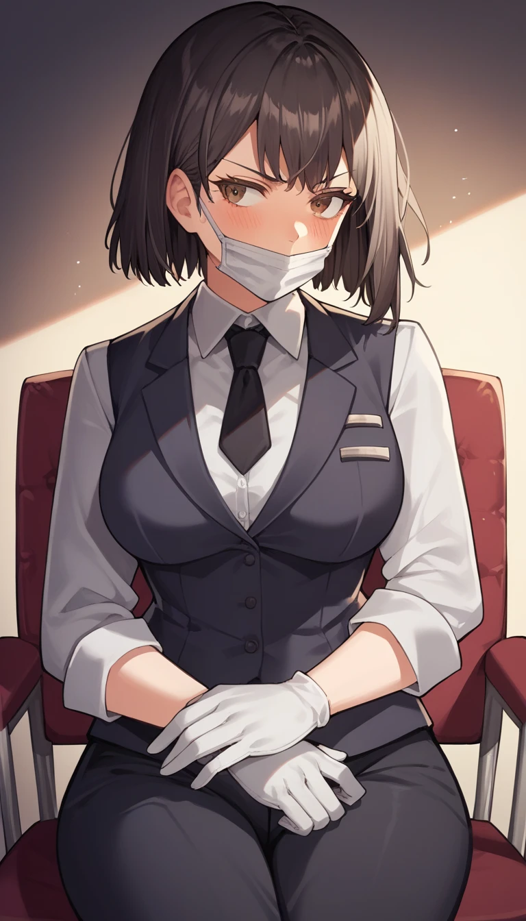 score_9, score_8_up, score_7_up, source_anime, 1girl, brown eyes, room, wariza, medium hair, black hair, blush, looking_at_viewer, Frowning face, serious face, looking away, blazer, starshadowmagician, solo, Adult woman, best perfect anatomy, thin, curvy body, medium breasts, curvy body, Hip Level Shot on person, a woman showing disappointed, lonely woman, a woman sitting in chair, white shirt, black tie, format black vest, Long-sleeved shirt, black trousers, white gloves, wear a white surgical mask, dynamic angle. no light source, dark background, night days, sitting hotel room background,