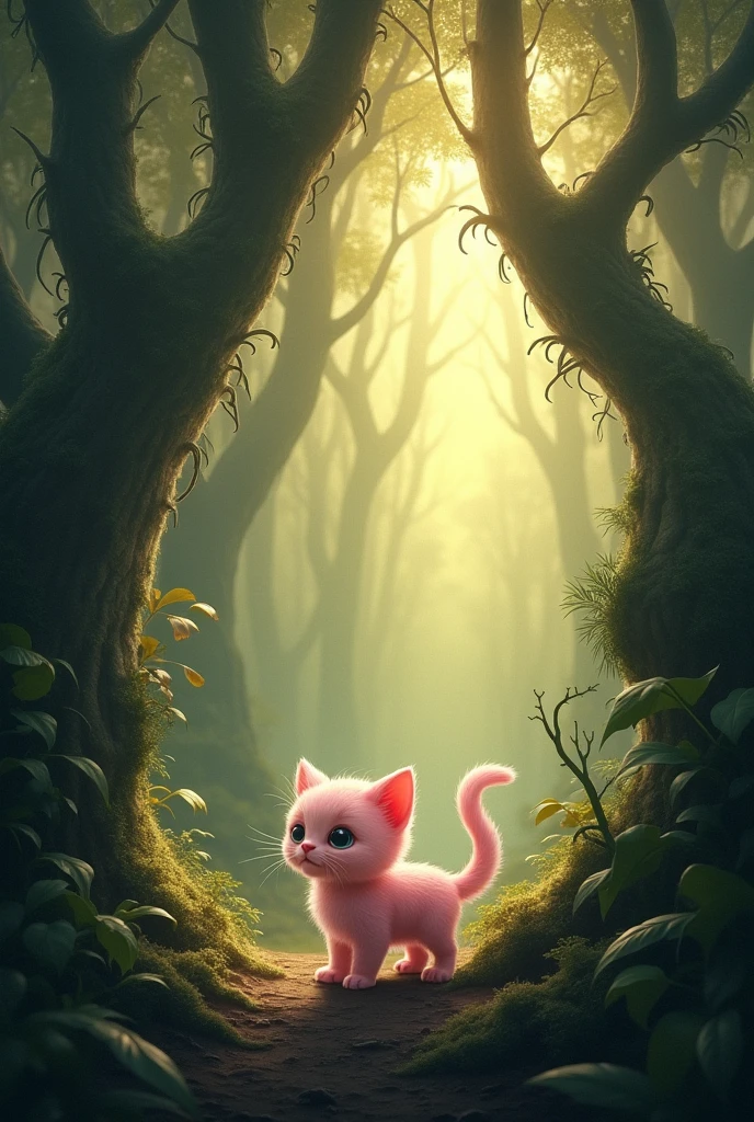The Birth of the Pink Cat .The Mysterious Forest, The kitten enters a dense, mysterious forest. The trees are tall and ancient, their branches weaving a thick canopy overhead. The light is dim, and the air is filled with the scent of moss and earth.