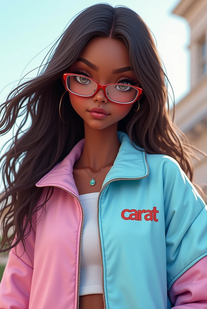 Dark skinned girl with long brown hair and glasses wearing a half light blue half pastel pink jacket that says CARAT
