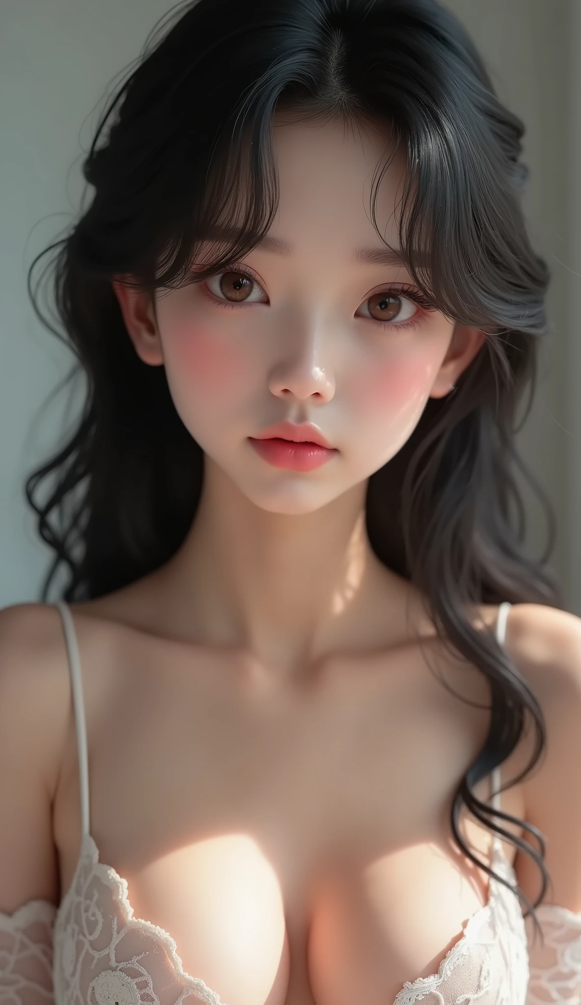 beautiful breasts, (cleavage), (ung girl), Black hair, 18yo, brown eyes, fair skin, sweet girl, cute idol, beautiful girl with beautiful details, (shiny pink lips:1.3), extremely detailed eye and face, (See-through lace costume with cute details and wide open breasts), Bare shoulders, (Bare chest, areola, nipples:1.35), Realistic, extremely detailed CG unified 8k wallpaper, ighly detailed, High-definition raw color photos, professional photograpy, Realistic portrait, Cinematic Light, Beautiful detailed, (Realistic skin:1.2), (Best Quality:1.4), Super Detail, High quality, Indoor, depth of fields,