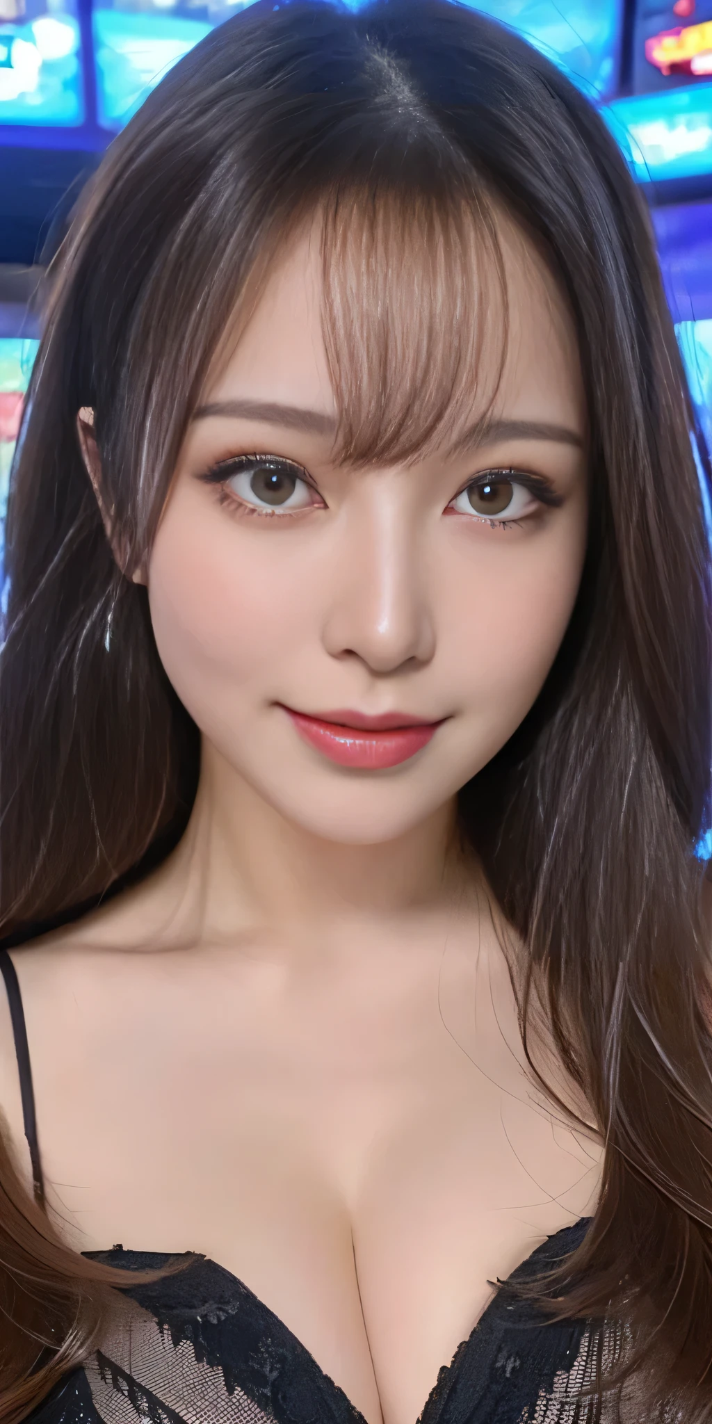 Tabletop, ((Highest quality, Realistic, RAW quality, Very detailed, finely, High resolution, 8k wallpaper)), 1 beautiful Japan woman,, Black messy hair, Wear a business suit, Sharp focus, Perfect dynamic composition, Beautiful and detailed, Black Hair, Detailed Realistic skin texture, smile, Close-up portrait, Glamour model body shape, Extremely large breasts bigger than her face, Very cute, (((In a luxury casino)))