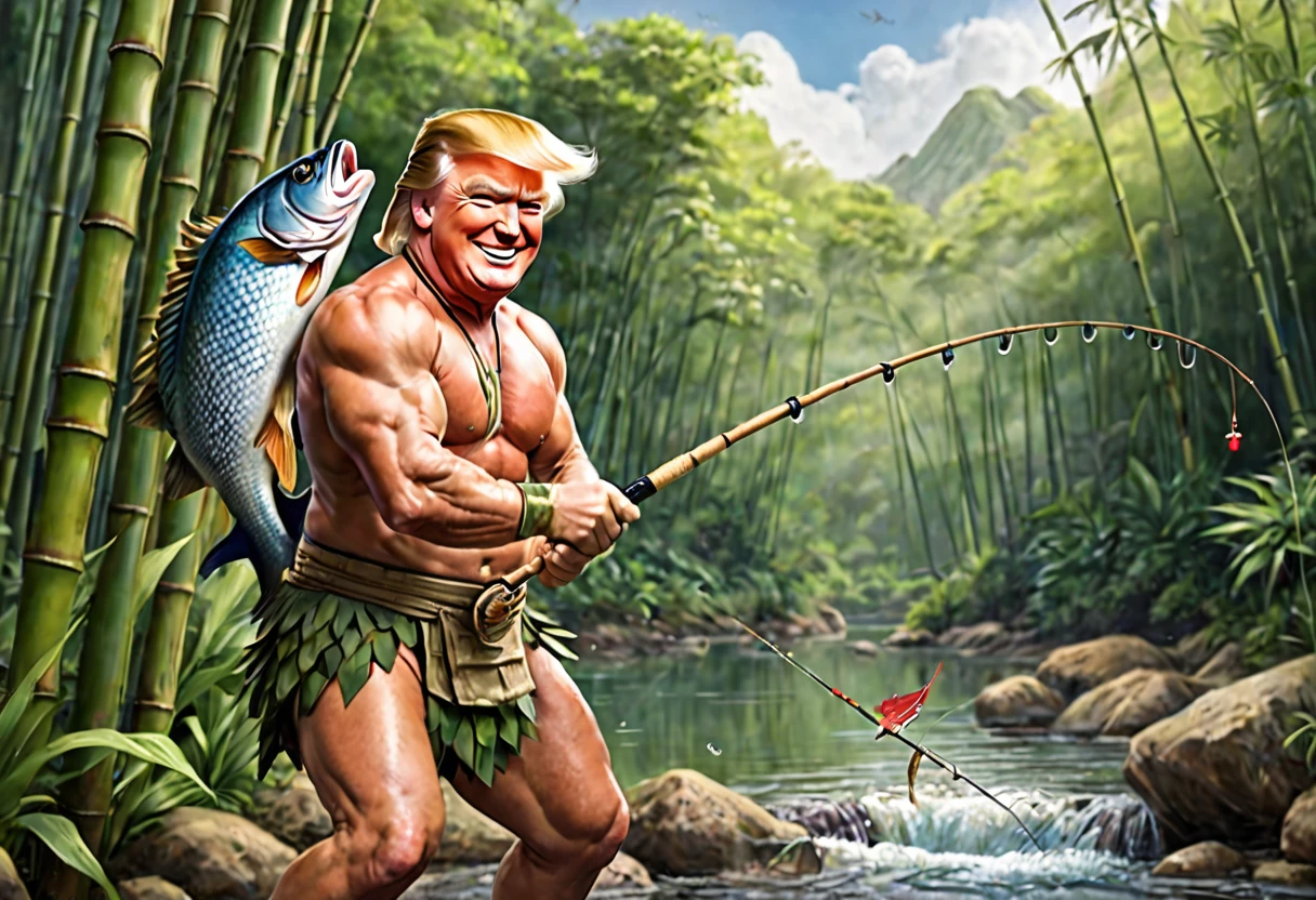 Donald Trump (bandage on one ear, happy grin, muscular, conan outfit) is fishing with a bamboo fishing rod, he is bringing in a large fish that is thrashing, forest pond