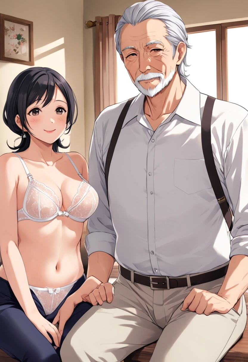 (nsfw:1.2),((One girl, 1 Elderly)), (Skirt flip:1.4), ((Old man grabs woman&#39;s waist)), The old man laughs evilly, Huge breasts:1.7, Anime cel painting style, Highest quality, High resolution, Huge breasts:1.8, good, High leg panties,blue eyes, Purple Hair, bangs, Side Ponytail, hair ornaments, Embarrassing, fear, blush, View Viewer, whole body、(((Completely naked:1.8)))、He is moving his hands violently to his crotch