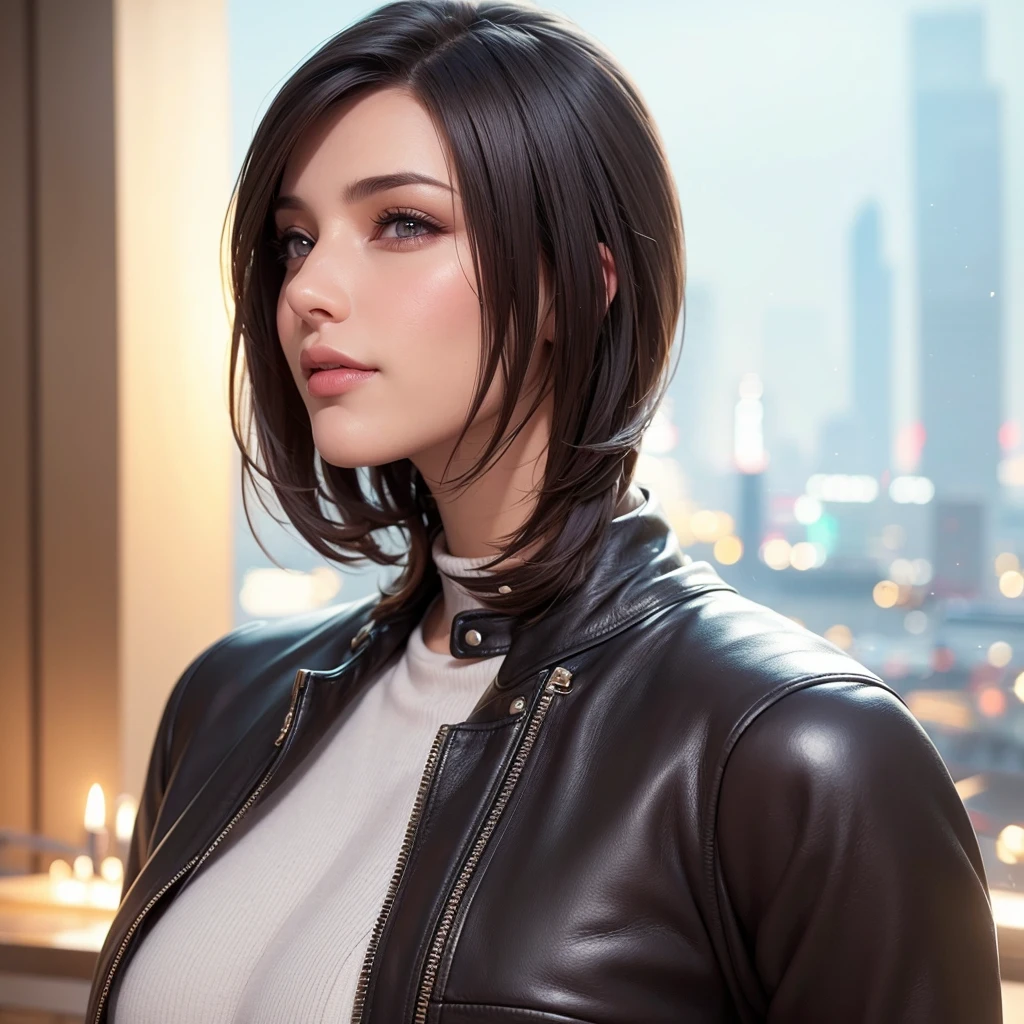 a beautiful young woman, 1girl, beautiful detailed eyes, beautiful detailed lips, extremely detailed face and eyes, long eyelashes, short hair, lady bikers, turtle neck t-shirt, leather jacket, outdoor date setting, soft lighting, warm colors, photorealistic, 8k, cinematic, intricate clothing textures, elegant posing, warm smile, romantic atmosphere, large bust, alluring eyes, full lips